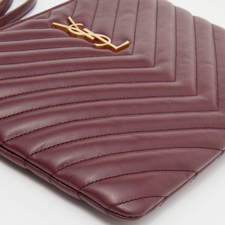 Pre Owned Yves Saint Laurent Burgundy Quilted Leather Monogram Wristlet Pouch