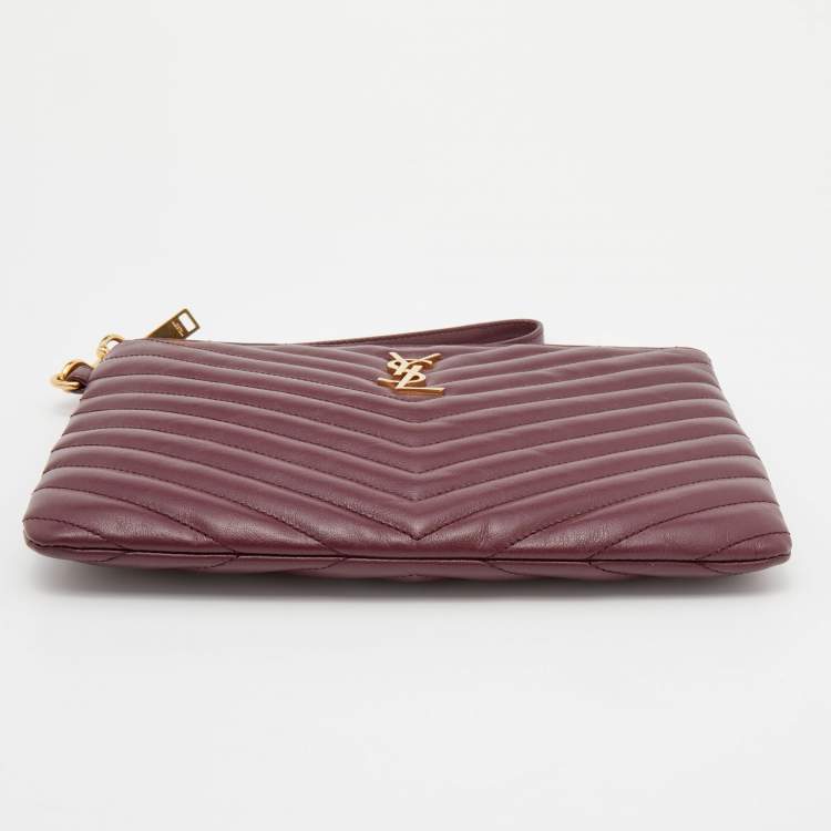 Pre Owned Yves Saint Laurent Burgundy Quilted Leather Monogram Wristlet Pouch