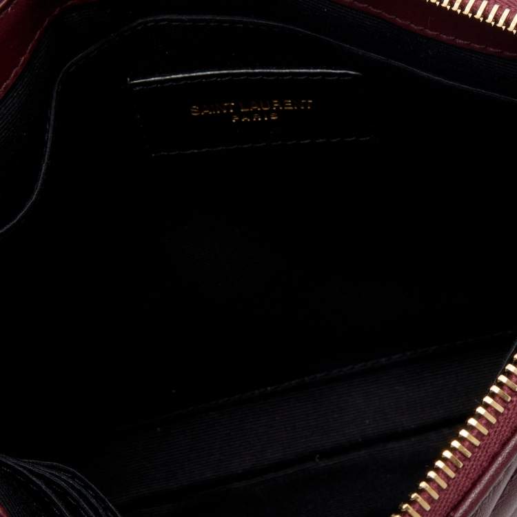 Pre Owned Yves Saint Laurent Burgundy Quilted Leather Monogram Wristlet Pouch
