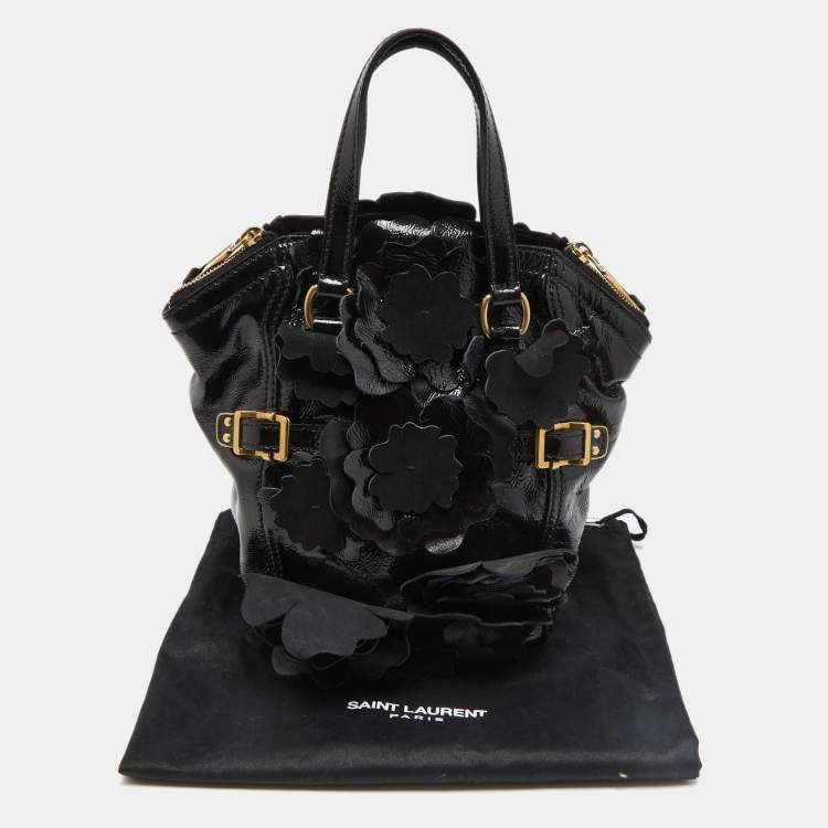 Pre Owned Yves Saint Laurent Black Patent Leather Small Floral Applique Downtown Tote