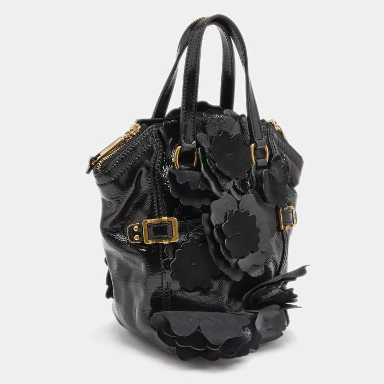 Pre Owned Yves Saint Laurent Black Patent Leather Small Floral Applique Downtown Tote