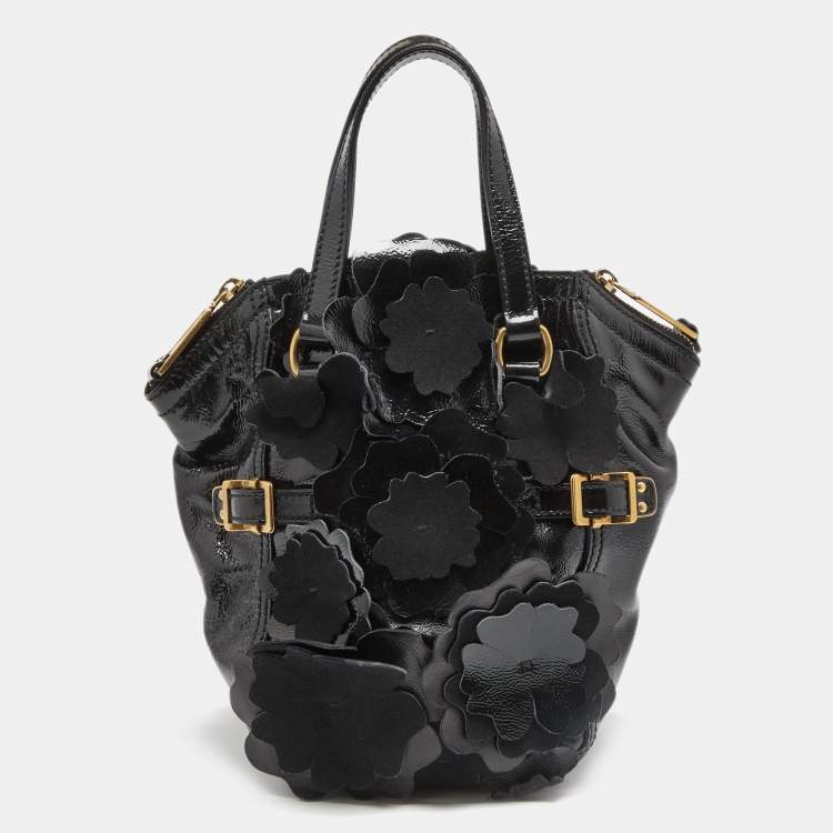 Pre Owned Yves Saint Laurent Black Patent Leather Small Floral Applique Downtown Tote