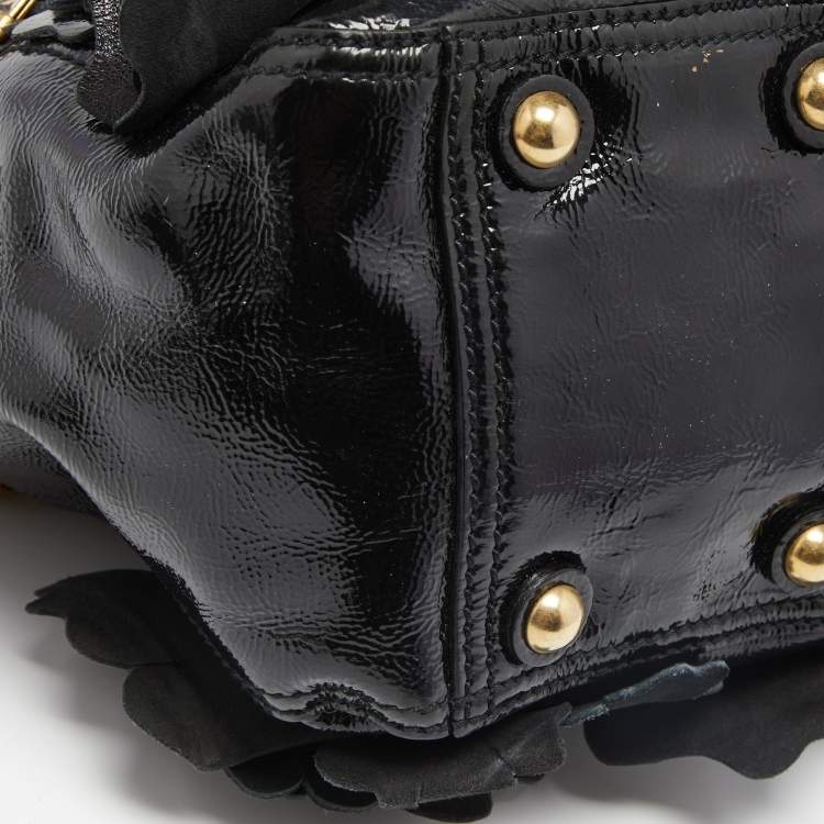 Pre Owned Yves Saint Laurent Black Patent Leather Small Floral Applique Downtown Tote