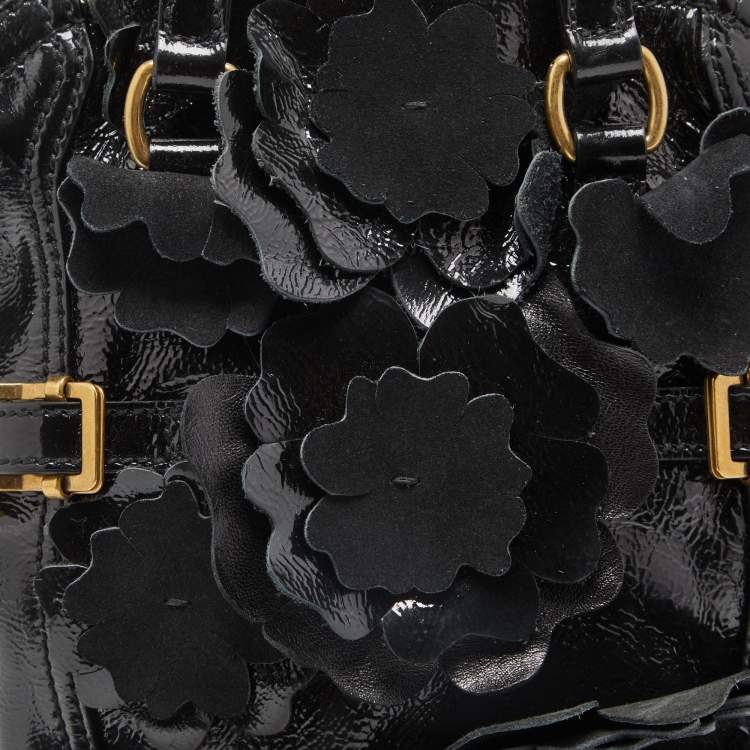 Pre Owned Yves Saint Laurent Black Patent Leather Small Floral Applique Downtown Tote