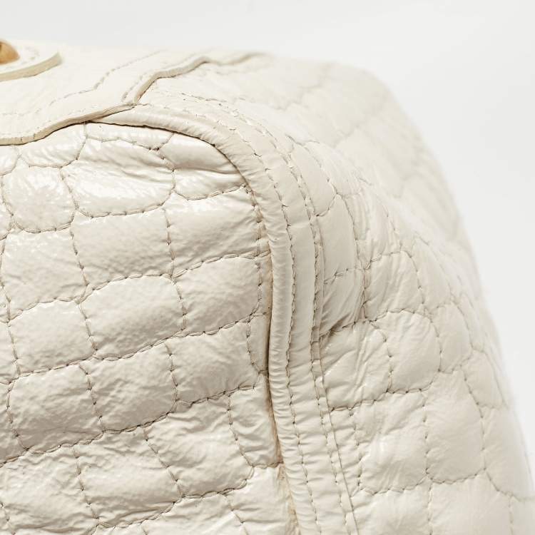 Pre Owned Yves Saint Laurent Off White Croc Embossed Patent Leather Large Downtown Tote