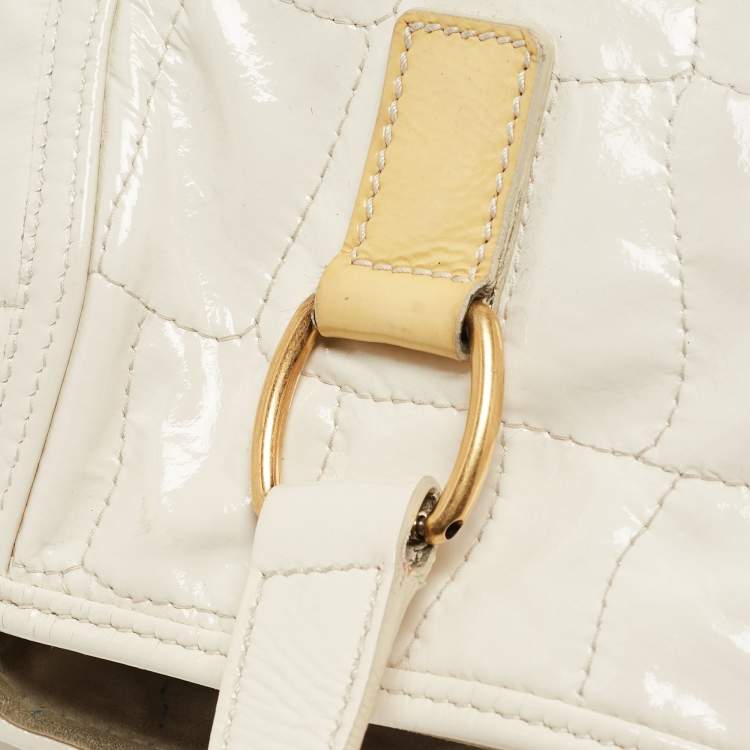 Pre Owned Yves Saint Laurent Off White Croc Embossed Patent Leather Large Downtown Tote