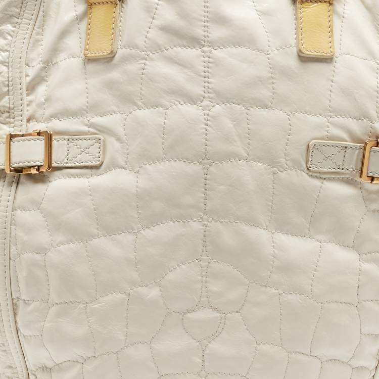 Pre Owned Yves Saint Laurent Off White Croc Embossed Patent Leather Large Downtown Tote