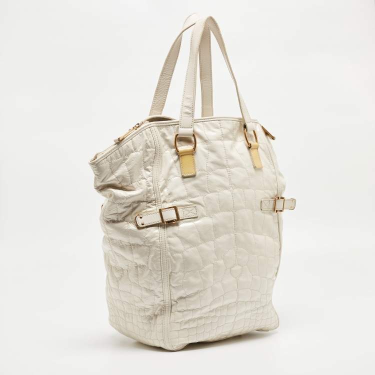 Pre Owned Yves Saint Laurent Off White Croc Embossed Patent Leather Large Downtown Tote