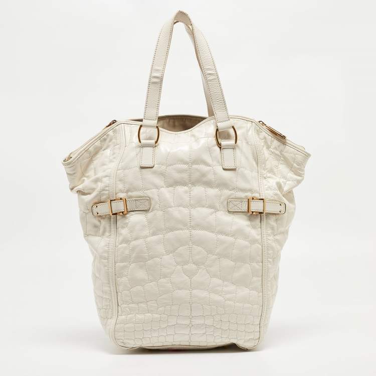 Pre Owned Yves Saint Laurent Off White Croc Embossed Patent Leather Large Downtown Tote