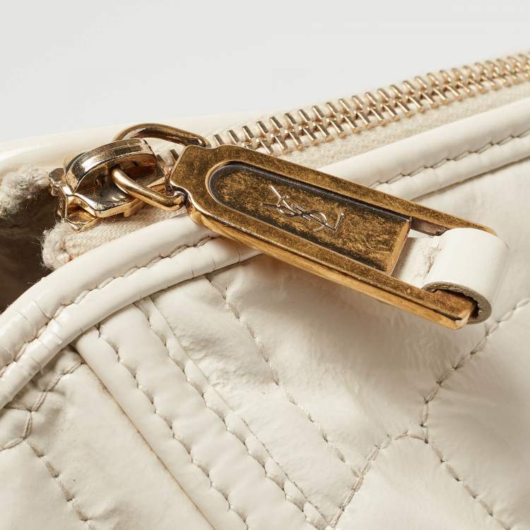 Pre Owned Yves Saint Laurent Off White Croc Embossed Patent Leather Large Downtown Tote