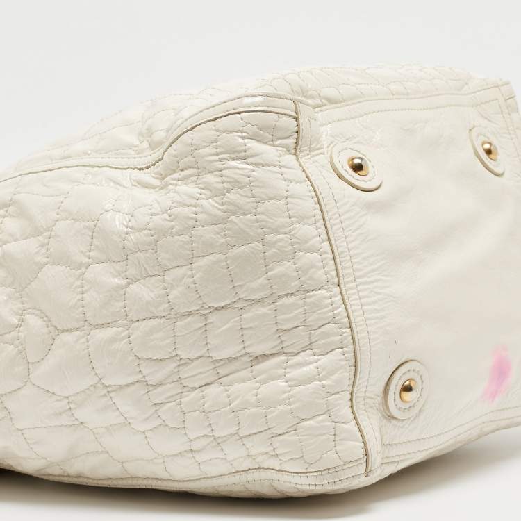 Pre Owned Yves Saint Laurent Off White Croc Embossed Patent Leather Large Downtown Tote