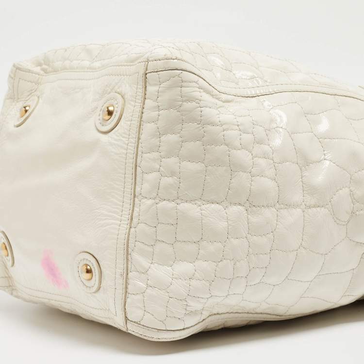Pre Owned Yves Saint Laurent Off White Croc Embossed Patent Leather Large Downtown Tote