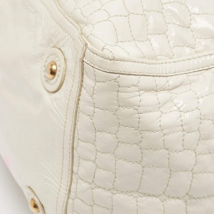 Pre Owned Yves Saint Laurent Off White Croc Embossed Patent Leather Large Downtown Tote