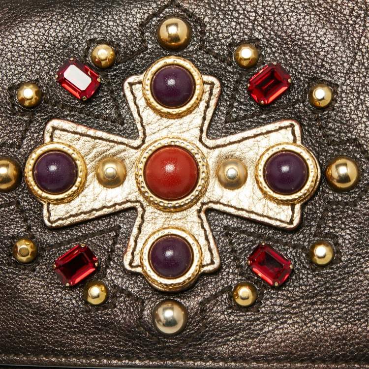 Pre Owned Yves Saint Laurent Brown Leather Jeweled Studded Flap Crossbody Bag