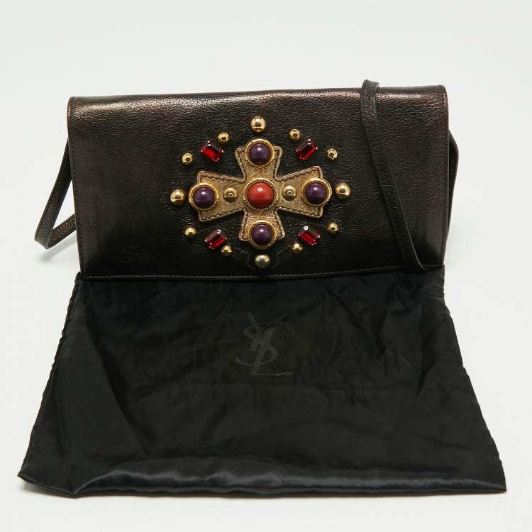 Pre Owned Yves Saint Laurent Brown Leather Jeweled Studded Flap Crossbody Bag
