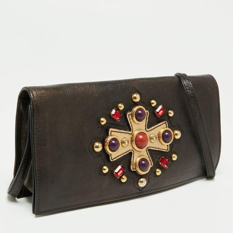Pre Owned Yves Saint Laurent Brown Leather Jeweled Studded Flap Crossbody Bag