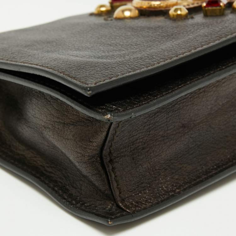 Pre Owned Yves Saint Laurent Brown Leather Jeweled Studded Flap Crossbody Bag
