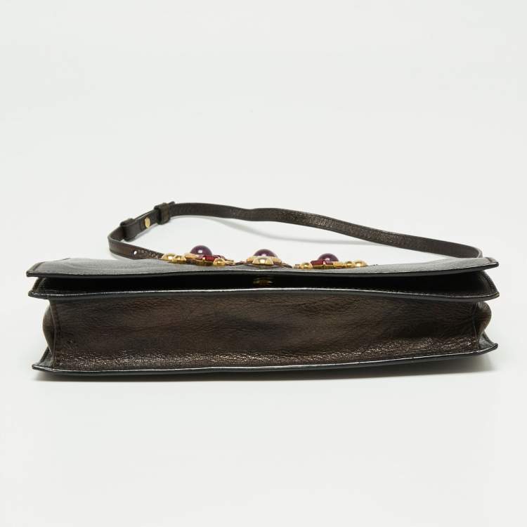 Pre Owned Yves Saint Laurent Brown Leather Jeweled Studded Flap Crossbody Bag