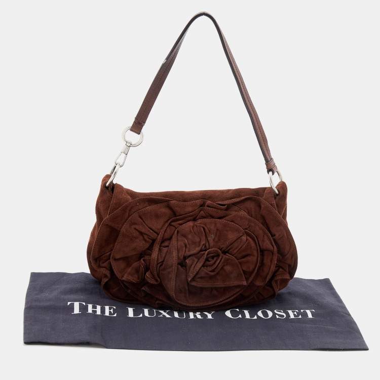 Pre Owned Yves Saint Laurent Dark Brown Suede And Leather Nadja Rose Petal Baguette