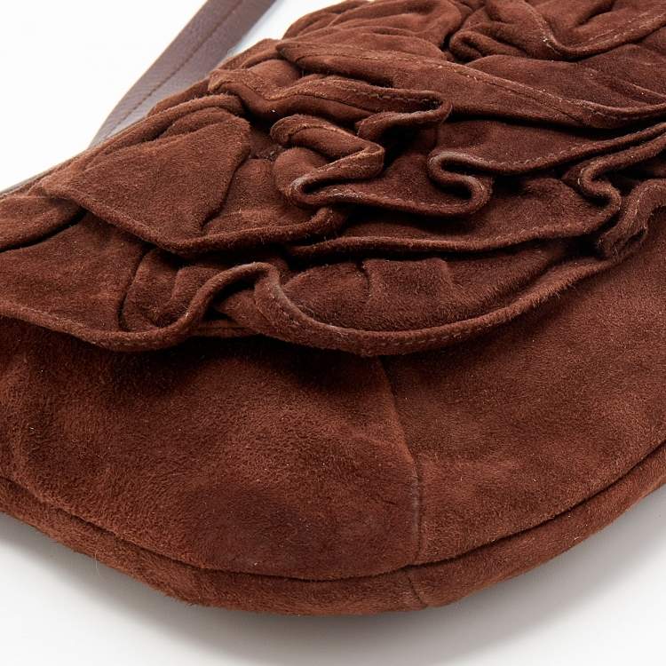 Pre Owned Yves Saint Laurent Dark Brown Suede And Leather Nadja Rose Petal Baguette