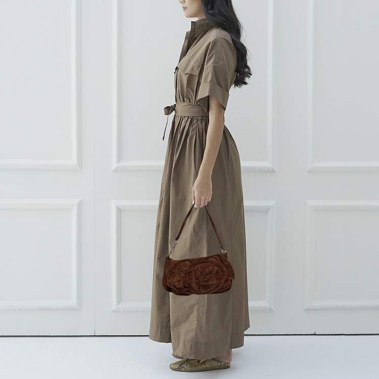 Pre Owned Yves Saint Laurent Dark Brown Suede And Leather Nadja Rose Petal Baguette