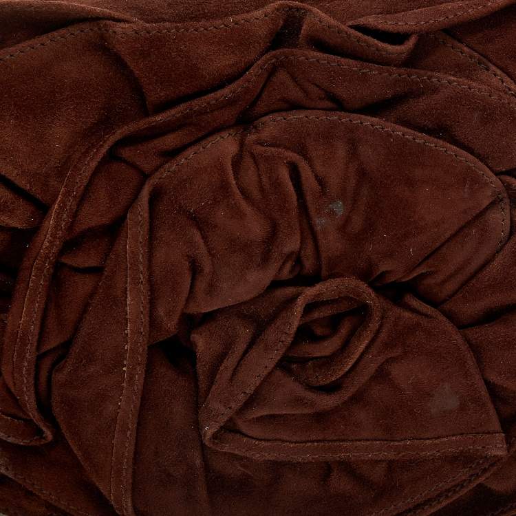 Pre Owned Yves Saint Laurent Dark Brown Suede And Leather Nadja Rose Petal Baguette