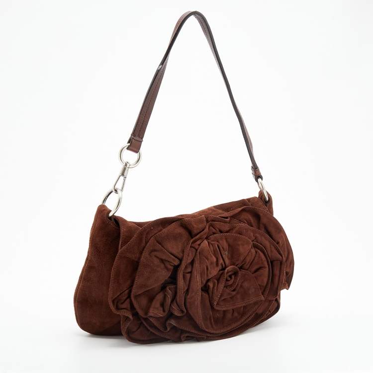 Pre Owned Yves Saint Laurent Dark Brown Suede And Leather Nadja Rose Petal Baguette