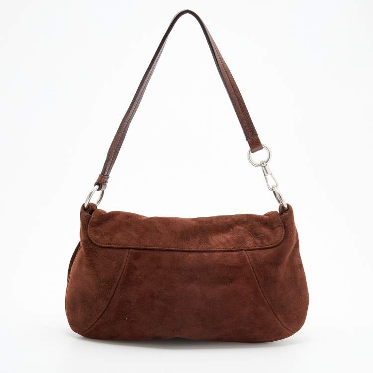 Pre Owned Yves Saint Laurent Dark Brown Suede And Leather Nadja Rose Petal Baguette