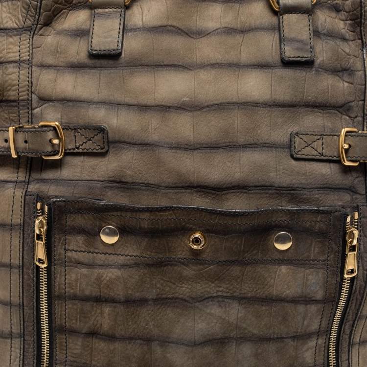 Pre Owned Yves Saint Laurent Olive Green Croc Embossed Nubuck Leather Large Downtown Tote