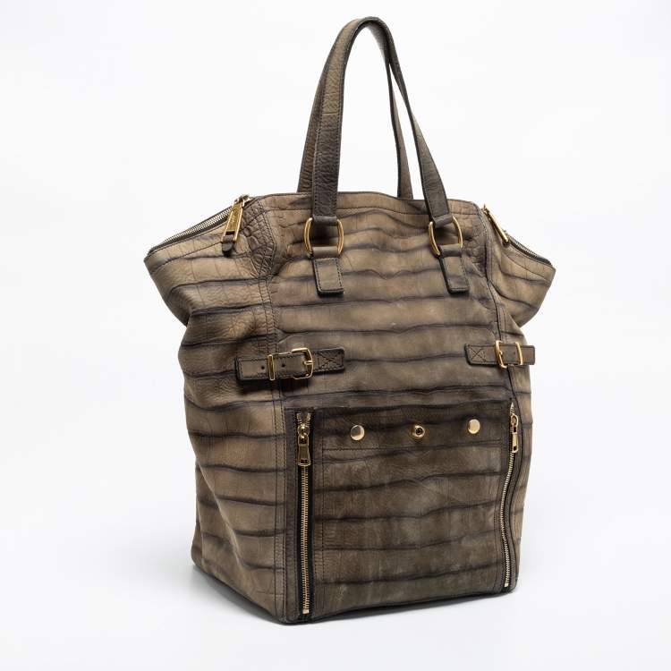 Pre Owned Yves Saint Laurent Olive Green Croc Embossed Nubuck Leather Large Downtown Tote