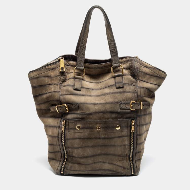 Pre Owned Yves Saint Laurent Olive Green Croc Embossed Nubuck Leather Large Downtown Tote