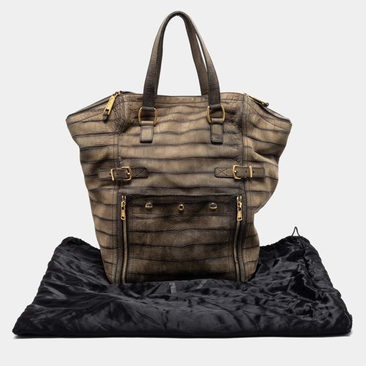 Pre Owned Yves Saint Laurent Olive Green Croc Embossed Nubuck Leather Large Downtown Tote