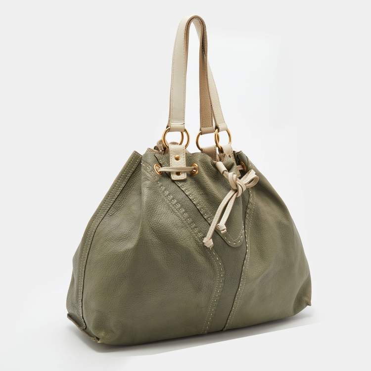 Pre Owned Yves Saint Laurent Pale Green/Cream Leather Double Sac Y Tote