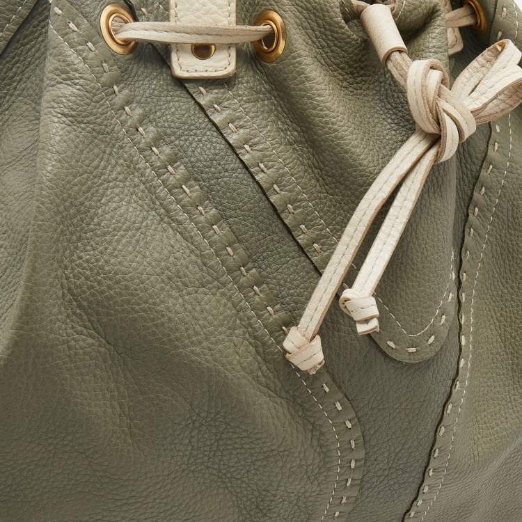 Pre Owned Yves Saint Laurent Pale Green/Cream Leather Double Sac Y Tote