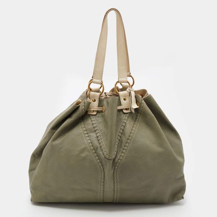 Pre Owned Yves Saint Laurent Pale Green/Cream Leather Double Sac Y Tote