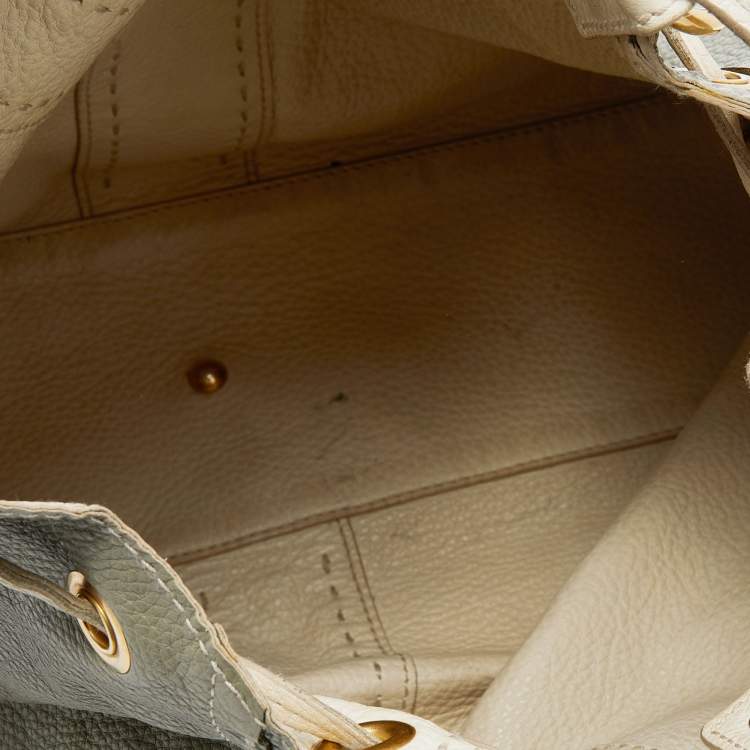 Pre Owned Yves Saint Laurent Pale Green/Cream Leather Double Sac Y Tote