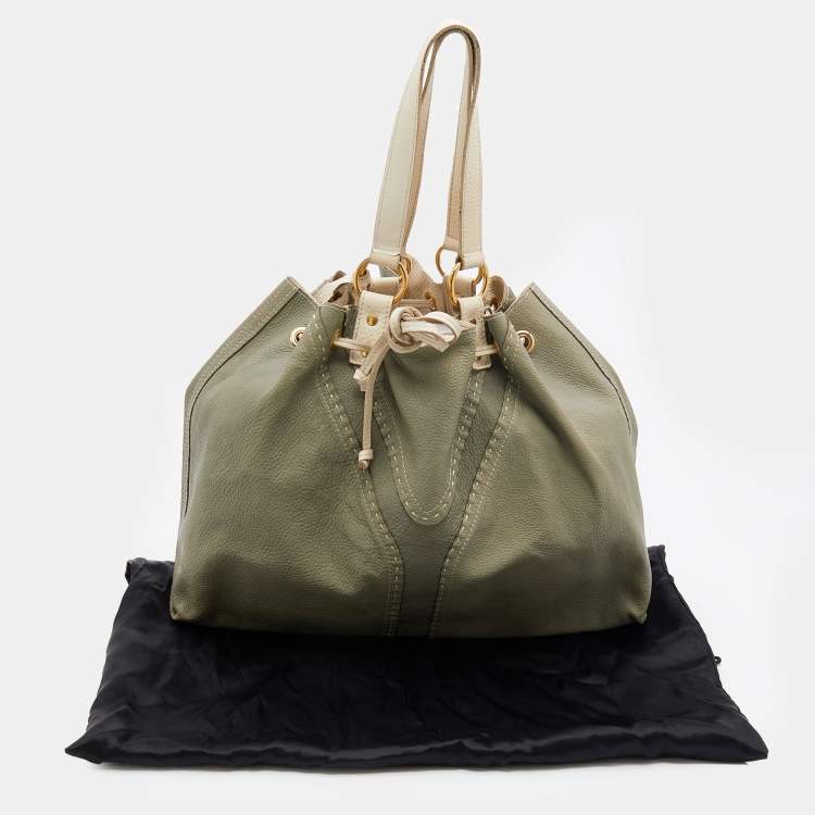 Pre Owned Yves Saint Laurent Pale Green/Cream Leather Double Sac Y Tote