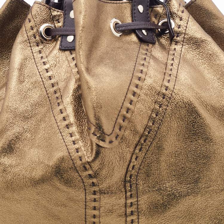 Pre Owned Yves Saint Laurent Pale Gold/Brown Leather Double Sac Y Tote