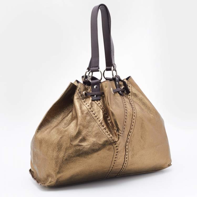 Pre Owned Yves Saint Laurent Pale Gold/Brown Leather Double Sac Y Tote