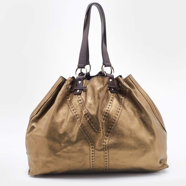 Pre Owned Yves Saint Laurent Pale Gold/Brown Leather Double Sac Y Tote