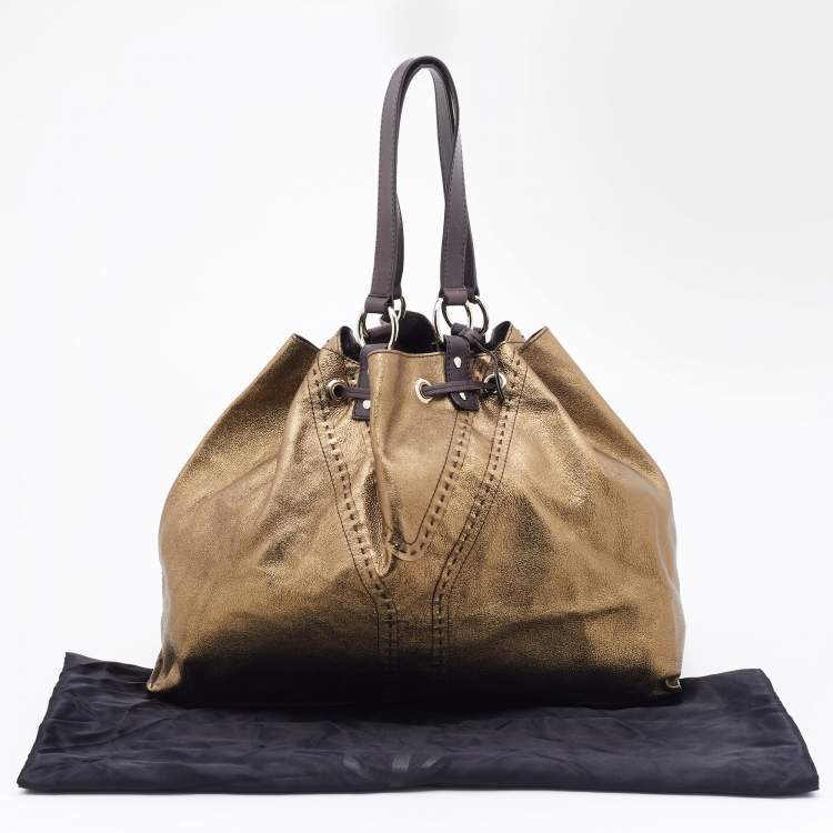 Pre Owned Yves Saint Laurent Pale Gold/Brown Leather Double Sac Y Tote