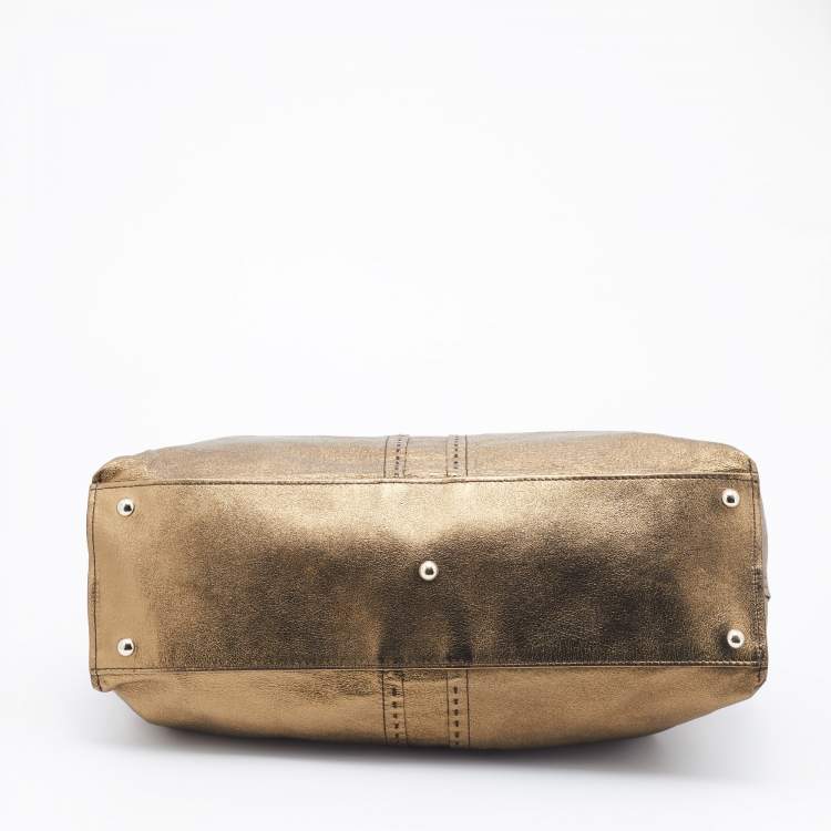 Pre Owned Yves Saint Laurent Pale Gold/Brown Leather Double Sac Y Tote