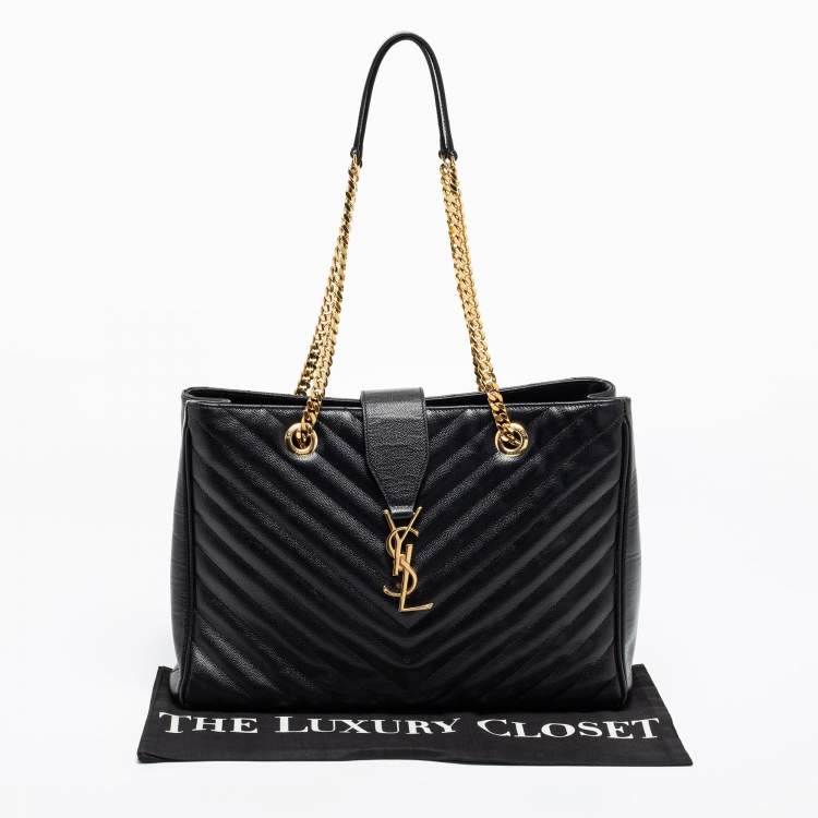Pre Owned Saint Laurent Black Matelassé Leather Classic Monogram Shopping Tote