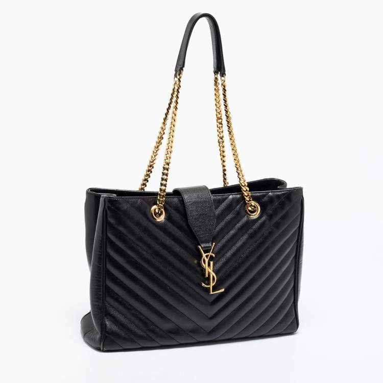 Pre Owned Saint Laurent Black Matelassé Leather Classic Monogram Shopping Tote