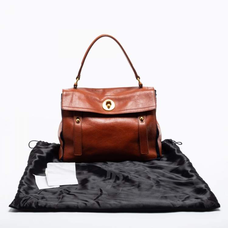 Pre Owned Yves Saint Laurent Brown/Navy Blue Leather and Suede Medium Muse Two Top Handle Bag