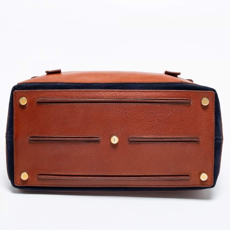 Pre Owned Yves Saint Laurent Brown/Navy Blue Leather and Suede Medium Muse Two Top Handle Bag