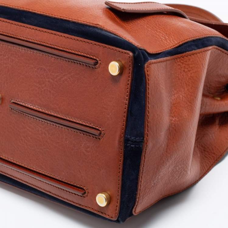 Pre Owned Yves Saint Laurent Brown/Navy Blue Leather and Suede Medium Muse Two Top Handle Bag