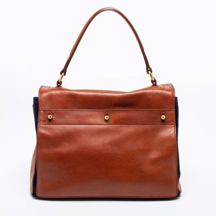Pre Owned Yves Saint Laurent Brown/Navy Blue Leather and Suede Medium Muse Two Top Handle Bag