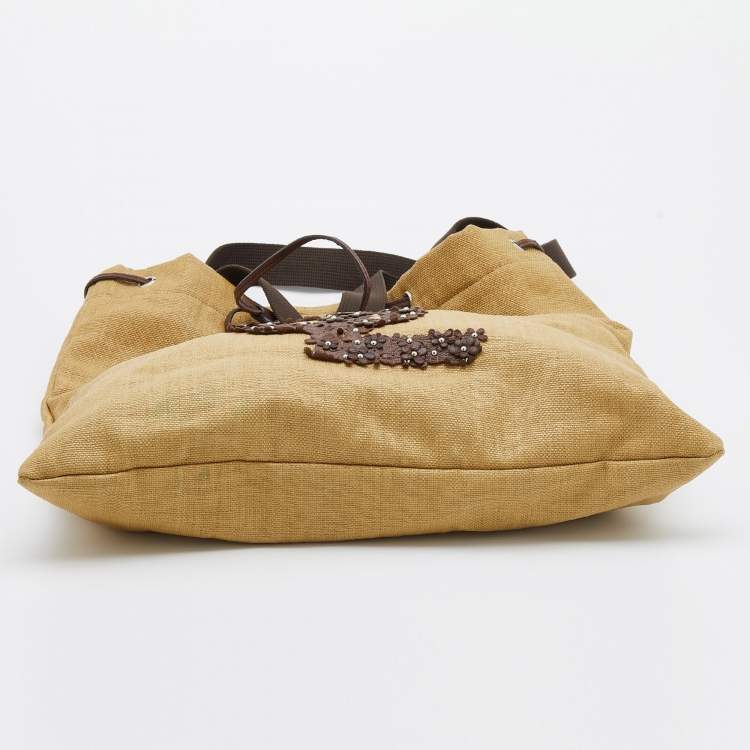 Pre Owned Yves Saint Laurent Beige/Brown Straw and Leather Drawstring Tote