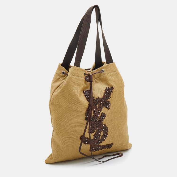 Pre Owned Yves Saint Laurent Beige/Brown Straw and Leather Drawstring Tote